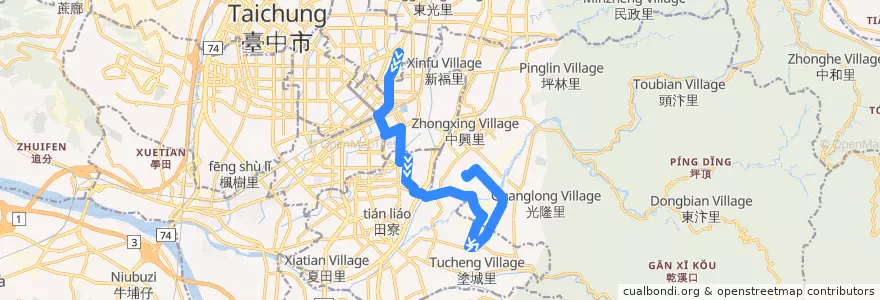 Mapa del recorrido 7路 (往長億高中_往程) de la línea  en 臺中市.