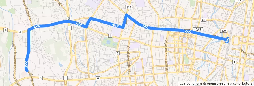 Mapa del recorrido 宇都宮駅⇒砥上車庫 de la línea  en Utsunomiya.