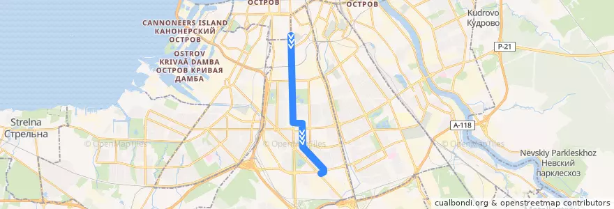 Mapa del recorrido Трамвай № 29: Трамвайный парк № 1 => Мясокомбинат de la línea  en Московский район.