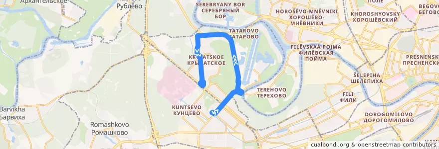 Mapa del recorrido Автобус №229: метро "Молодёжная" - метро "Крылатское" de la línea  en район Крылатское.