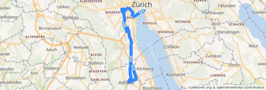 Mapa del recorrido Bus N12: Bellevue → Wollishofen → Adliswil de la línea  en チューリッヒ.