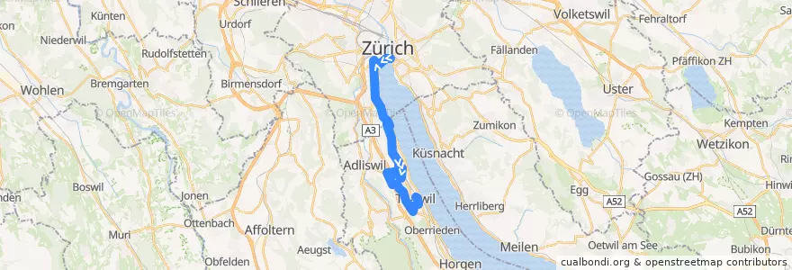 Mapa del recorrido Bus N15: Bellevue → Thalwil de la línea  en Zúrich.
