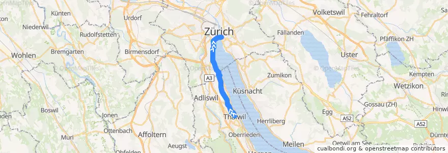 Mapa del recorrido Bus N15: Thalwil → Bellevue de la línea  en Zürich.