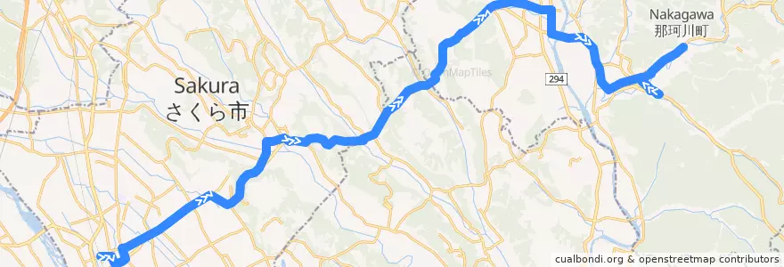 Mapa del recorrido 関東自動車バス 氏家駅前⇒馬頭車庫 de la línea  en Prefettura di Tochigi.