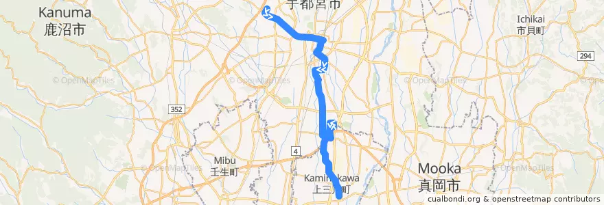 Mapa del recorrido 関東自動車バス[85] 駒生営業所⇒インターパーク⇒上三川車庫 de la línea  en Tochigi Prefecture.