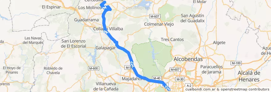 Mapa del recorrido Bus 691: Madrid (Moncloa) → Navacerrada de la línea  en بخش خودمختار مادرید.