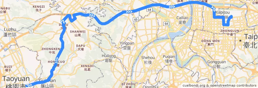 Mapa del recorrido 5116 桃園-松山機場 (經臺北長庚醫院) (往程) de la línea  en Tayvan.