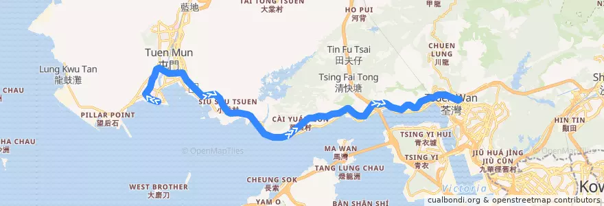 Mapa del recorrido 九巴59M線 KMB 59M (屯門碼頭 Tuen Mun Pier Head → 荃灣站 Tsuen Wan Station) de la línea  en Nuovi Territori.