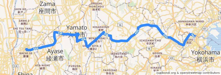 Mapa del recorrido 深夜急行 横浜駅西口→海老名駅 de la línea  en 神奈川県.