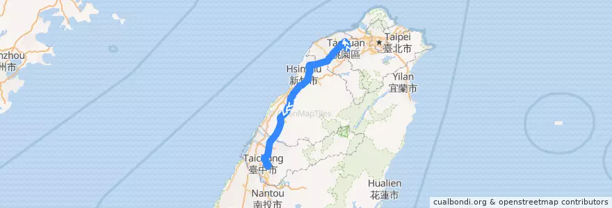 Mapa del recorrido 1861 桃園-台中 (往程) de la línea  en Тайвань.