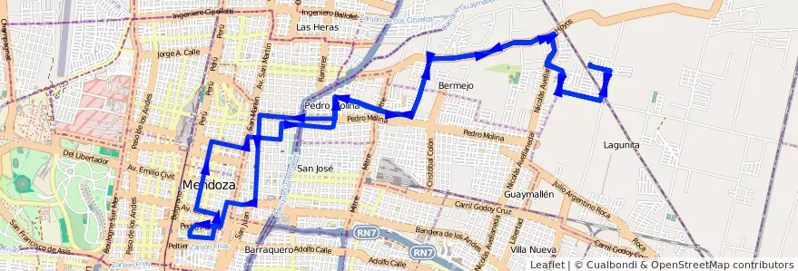 Mapa del recorrido 56 - El Carmen - Alameda - Casa de Gob. - Alameda - El Carmen de la línea G05 en Mendoza.