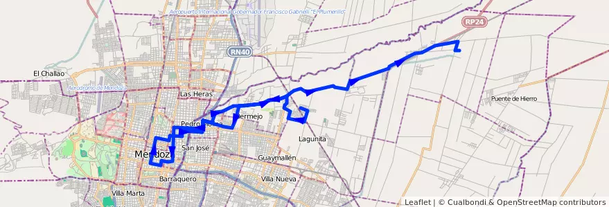 Mapa del recorrido 56 - El Carmen - Esc. Pouget - Alameda - Centro - Hosp. el Sauce - Colonia Segovia de la línea G05 en Мендоса.
