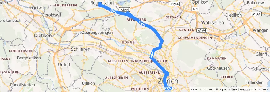 Mapa del recorrido Bus N1: Bellevue → Regensdorf Zentrum de la línea  en Zurigo.