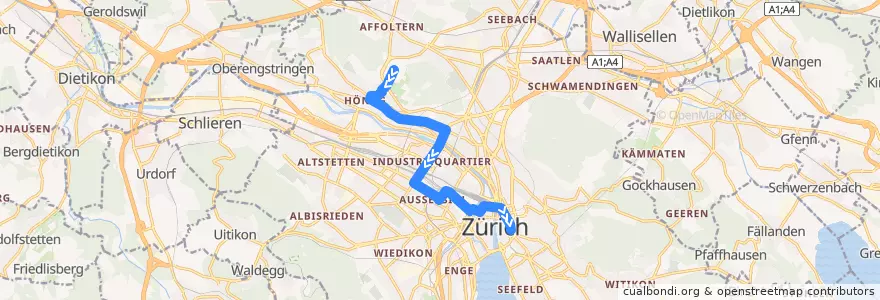 Mapa del recorrido Bus N8: ETH Hönggerberg → Bellevue de la línea  en Zürich.