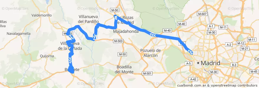 Mapa del recorrido Bus 627: Moncloa → Villanueva de la Cañada → Brunete de la línea  en بخش خودمختار مادرید.