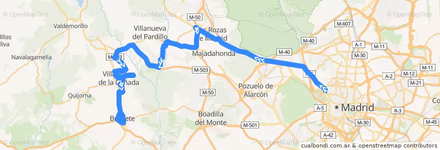 Mapa del recorrido Bus 627 por Universidad: Moncloa → Villanueva de la Cañada → Brunete de la línea  en Мадрид.