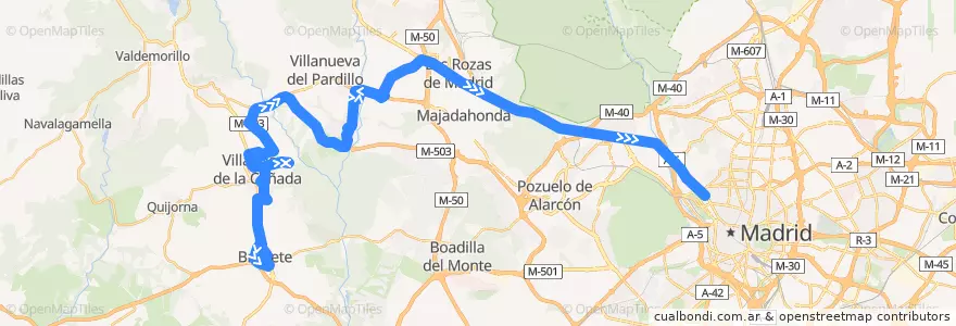 Mapa del recorrido Bus 627 por Universidad: Brunete → Villanueva de la Cañada → Moncloa de la línea  en منطقة مدريد.