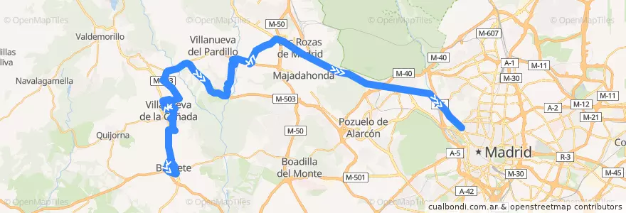 Mapa del recorrido Bus 627: Brunete → Villanueva de la Cañada → Moncloa de la línea  en منطقة مدريد.