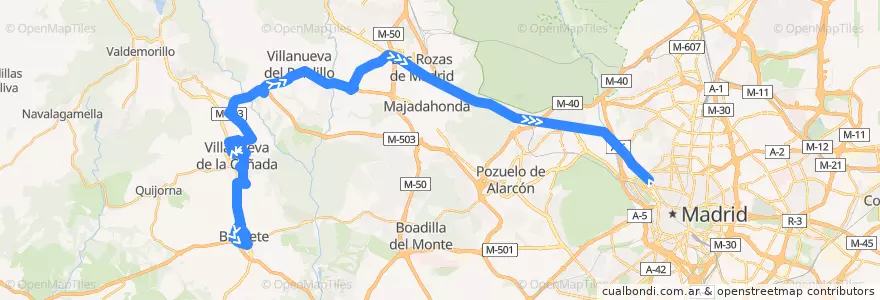 Mapa del recorrido Bus 627 por Villanueva del Pardillo: Brunete → Villanueva de la Cañada → Moncloa de la línea  en Communauté de Madrid.