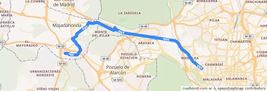 Mapa del recorrido Bus 653: Madrid (Moncloa) → Majadahonda (Hospital) Por FFCC de la línea  en Área metropolitana de Madrid y Corredor del Henares.