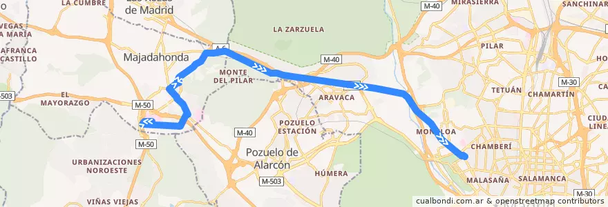 Mapa del recorrido Bus 653: Majadahonda (Hospital) Por FFCC → Madrid (Moncloa) de la línea  en Área metropolitana de Madrid y Corredor del Henares.