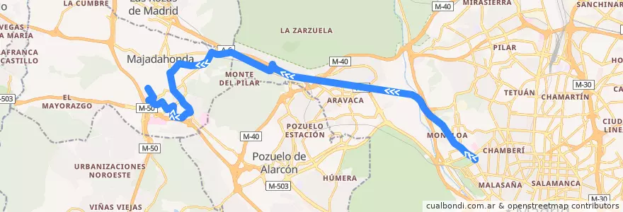 Mapa del recorrido Bus 654: Madrid (Moncloa) → Majadahonda (Los Negrillos) de la línea  en Área metropolitana de Madrid y Corredor del Henares.