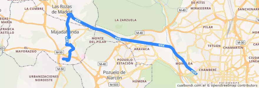 Mapa del recorrido Bus 655: Madrid (Moncloa) → Majadahonda (Hospital) de la línea  en Área metropolitana de Madrid y Corredor del Henares.