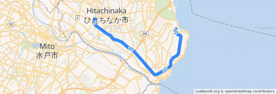 Mapa del recorrido ひたちなか海浜鉄道湊線（上り） de la línea  en ひたちなか市.