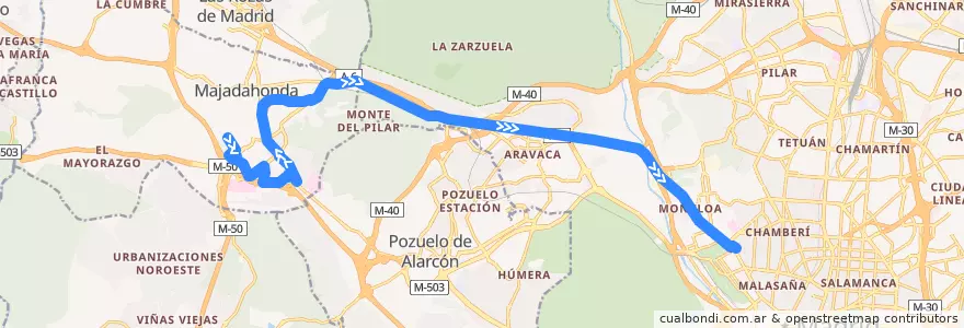 Mapa del recorrido Bus 654: Majadahonda (Los Negrillos) → Madrid (Moncloa) de la línea  en Área metropolitana de Madrid y Corredor del Henares.