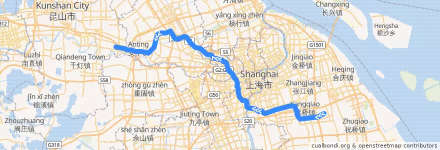 Mapa del recorrido Metro 11号线: 迪士尼 → 花桥 de la línea  en Şanghay.