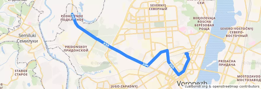 Mapa del recorrido Автобус №68: Пос. Придонской — Ж/д Вокзал de la línea  en городской округ Воронеж.