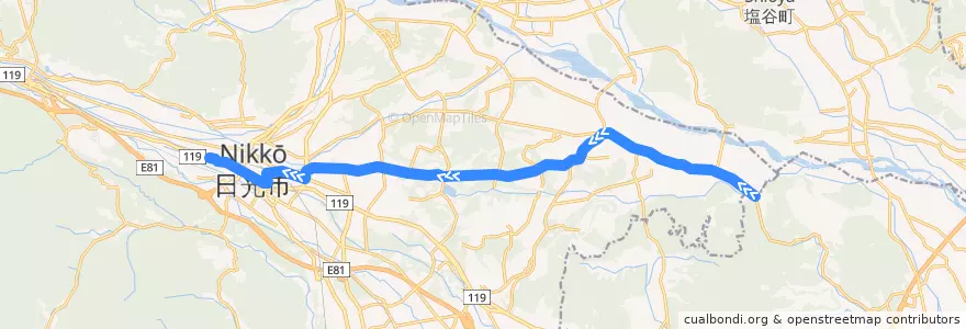 Mapa del recorrido 下小林⇒今市車庫 de la línea  en Nikko.