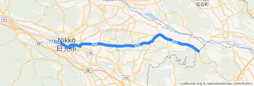 Mapa del recorrido 今市車庫⇒下小林 de la línea  en Nikko.