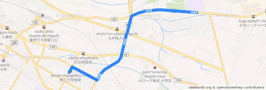 Mapa del recorrido 今市中学校⇒第三小学校 de la línea  en 日光市.