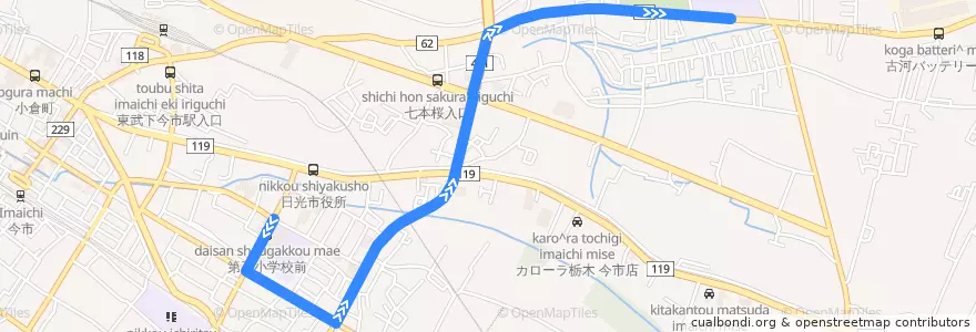 Mapa del recorrido 第三小学校⇒今市中学校 de la línea  en 日光市.