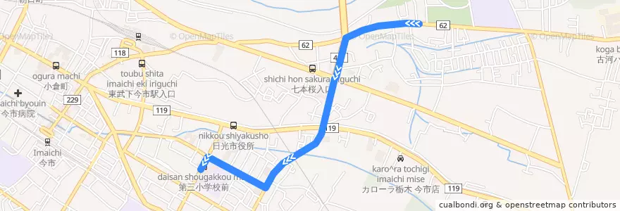 Mapa del recorrido 市営住宅⇒第三小学校 de la línea  en 日光市.