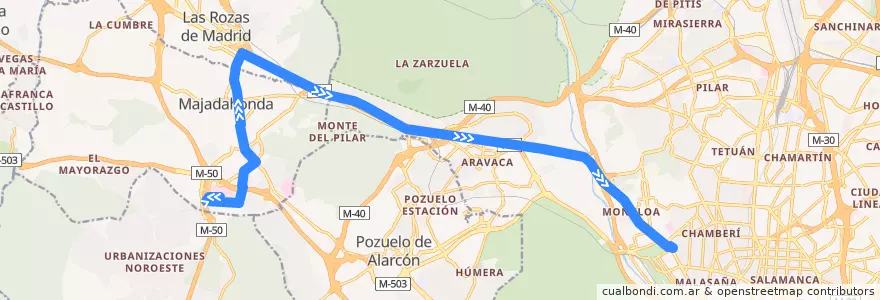 Mapa del recorrido Bus 655: Majadahonda (Hospital) → Madrid (Moncloa) de la línea  en Área metropolitana de Madrid y Corredor del Henares.