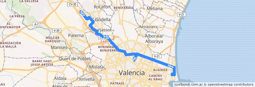 Mapa del recorrido Línia 4: Mas del Rosari => Dr. Lluch de la línea  en Valencia.