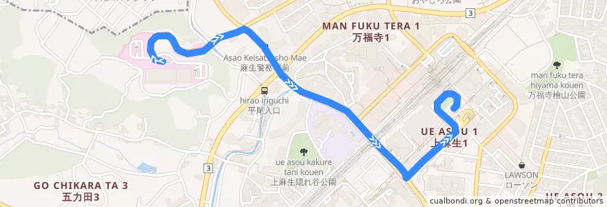 Mapa del recorrido 古沢線　新百合ヶ丘総合病院⇒新百合ヶ丘駅 de la línea  en 麻生区.