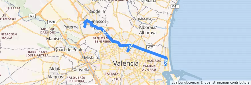 Mapa del recorrido Línia 4: Dr. Lluch => Fira València de la línea  en 華倫西亞.