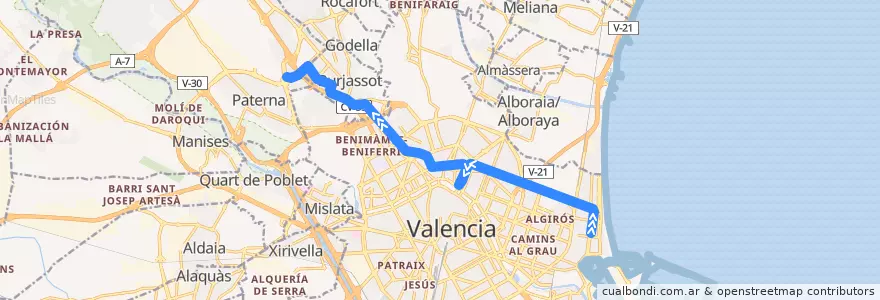 Mapa del recorrido Línia 4: Dr. Lluch => Lloma Llarga - Terramelar de la línea  en Valencia.