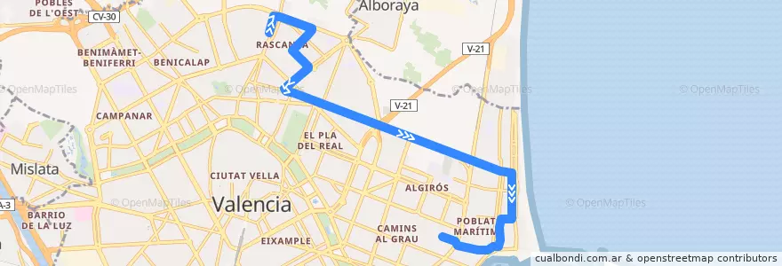 Mapa del recorrido Línia 6: Tossal del Rei => Marítim - Serrería de la línea  en Comarca de València.