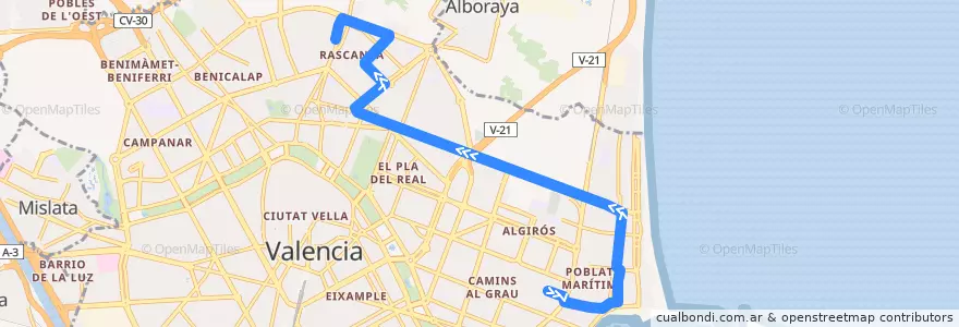 Mapa del recorrido Línia 6: Marítim - Serrería => Tossal del Rei de la línea  en Comarca de València.