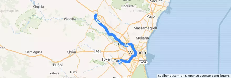 Mapa del recorrido Línia 2: Torrent Avinguda => Llíria de la línea  en Valencia.
