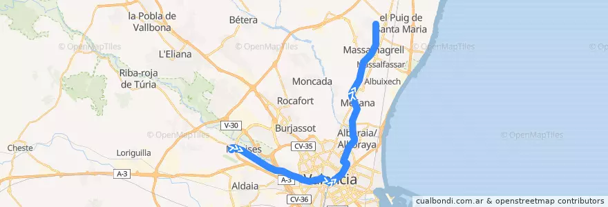 Mapa del recorrido Línia 3: Aeroport => Rafelbunyol de la línea  en València / Valencia.