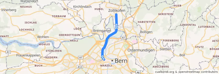 Mapa del recorrido S9: Bern RBS => Unterzollikofen de la línea  en Bern.