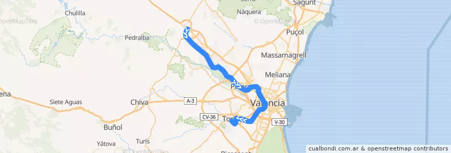Mapa del recorrido Línia 2: Llíria => Torrent Avinguda de la línea  en València / Valencia.