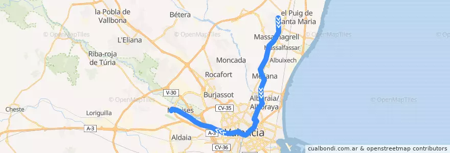 Mapa del recorrido Línia 3: Rafelbunyol => Aeroport de la línea  en Valencia.