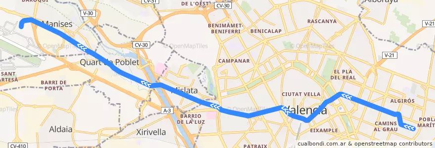 Mapa del recorrido Línia 5: Marítim - Serrería => Aeroport de la línea  en València / Valencia.
