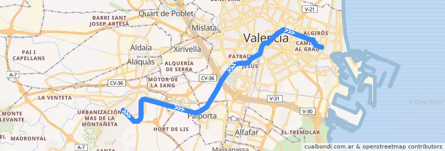 Mapa del recorrido Línia 7: Torrent Avinguda => Marítim - Serrería de la línea  en Valencia.